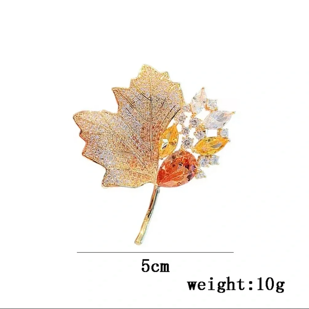 Gold Leaf Brooch with Crystal Accents Fall